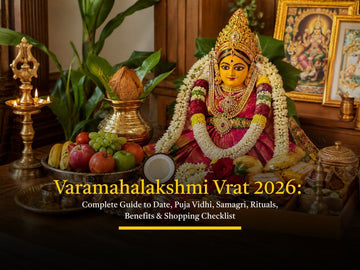 Varamahalakshmi Vrat 2026 puja setup with Kalash, Lakshmi idol, flowers, fruits, coconuts, diyas, puja samagri, and shopping essentials
