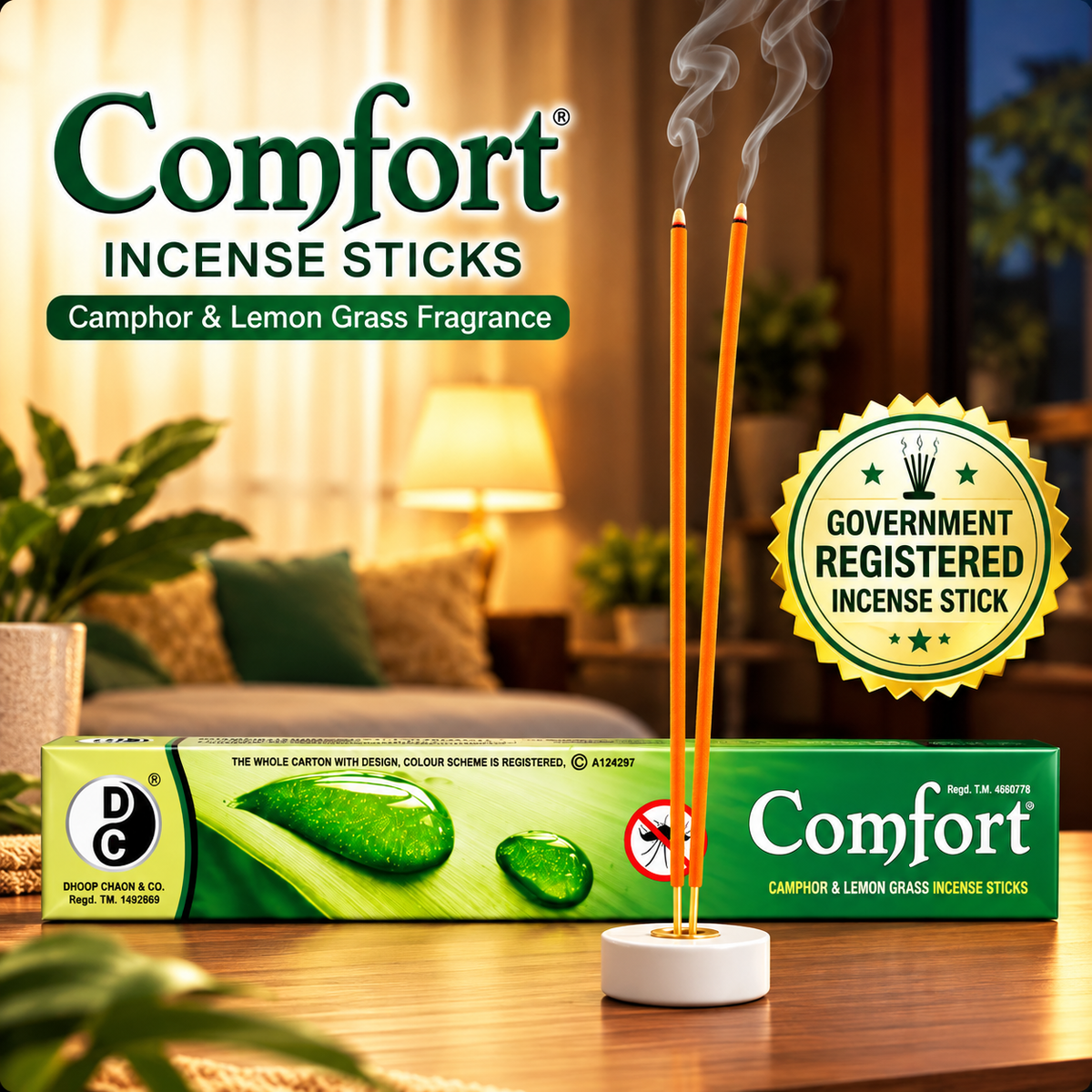 Original Comfort Camphor & Lemon Grass Incense Sticks | 12 Inch Mosquito Protection Agarbatti | 120 Sticks Per Box
