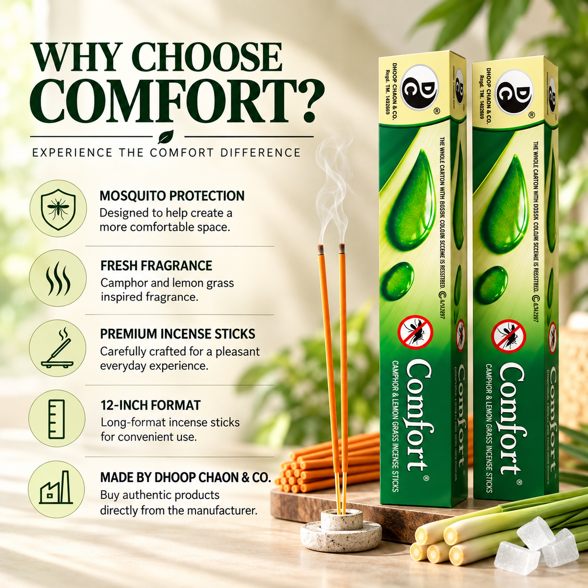 Original Comfort Camphor & Lemon Grass Incense Sticks | 12 Inch Mosquito Protection Agarbatti | 120 Sticks Per Box