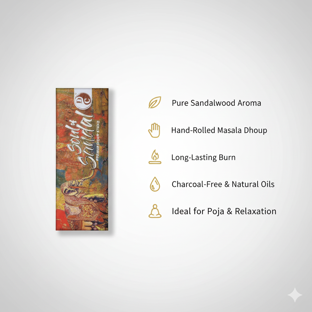 Soul of Sandal Premium 6 Inch Long Charcoal Free Dhoop Sticks 10 Sticks Pack