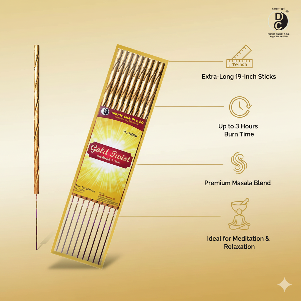 19" Gold Twist Premium 19" Long Incense Sticks 10 Sticks Pack