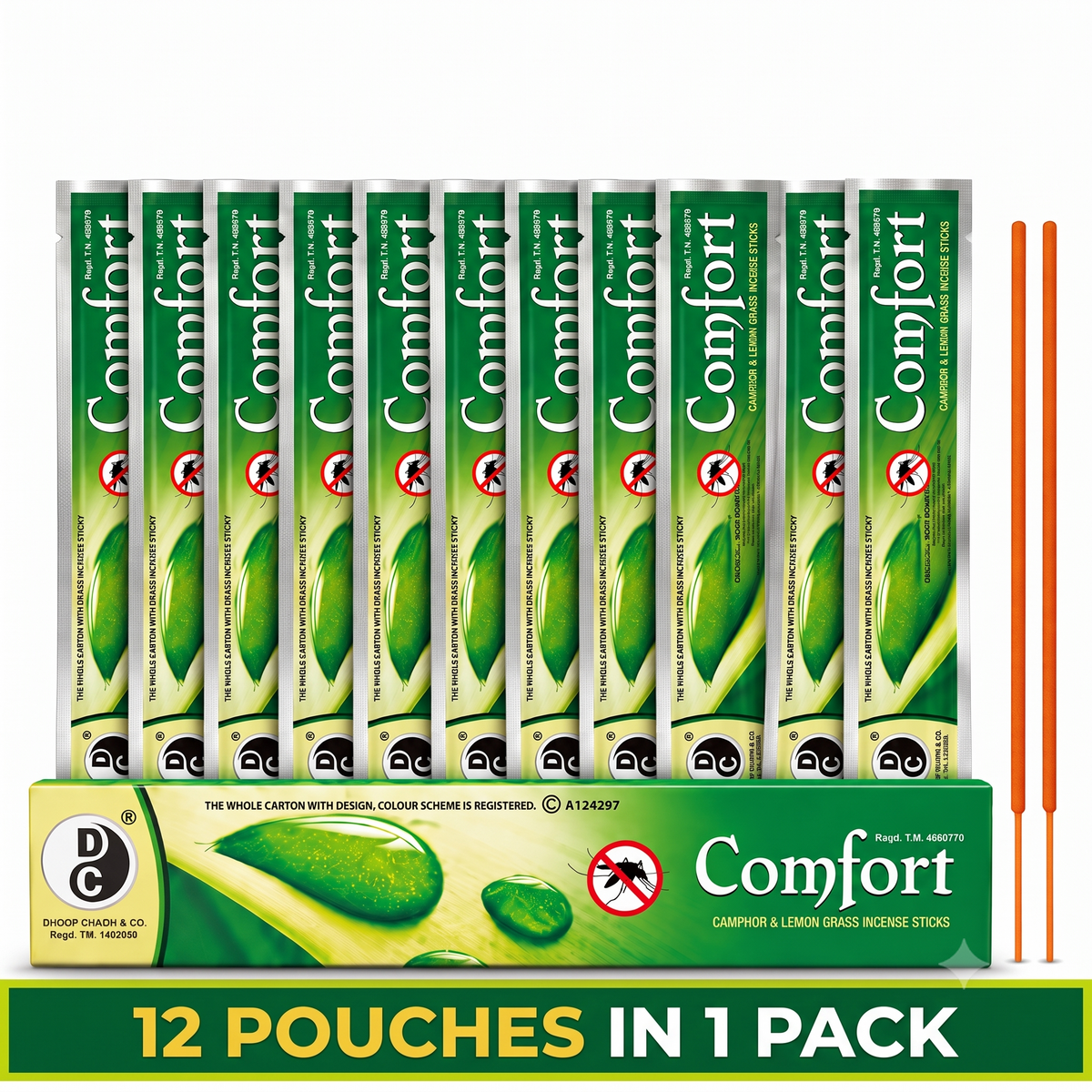 Original Comfort Camphor & Lemon Grass Incense Sticks | 12 Inch Mosquito Protection Agarbatti | 120 Sticks Per Box