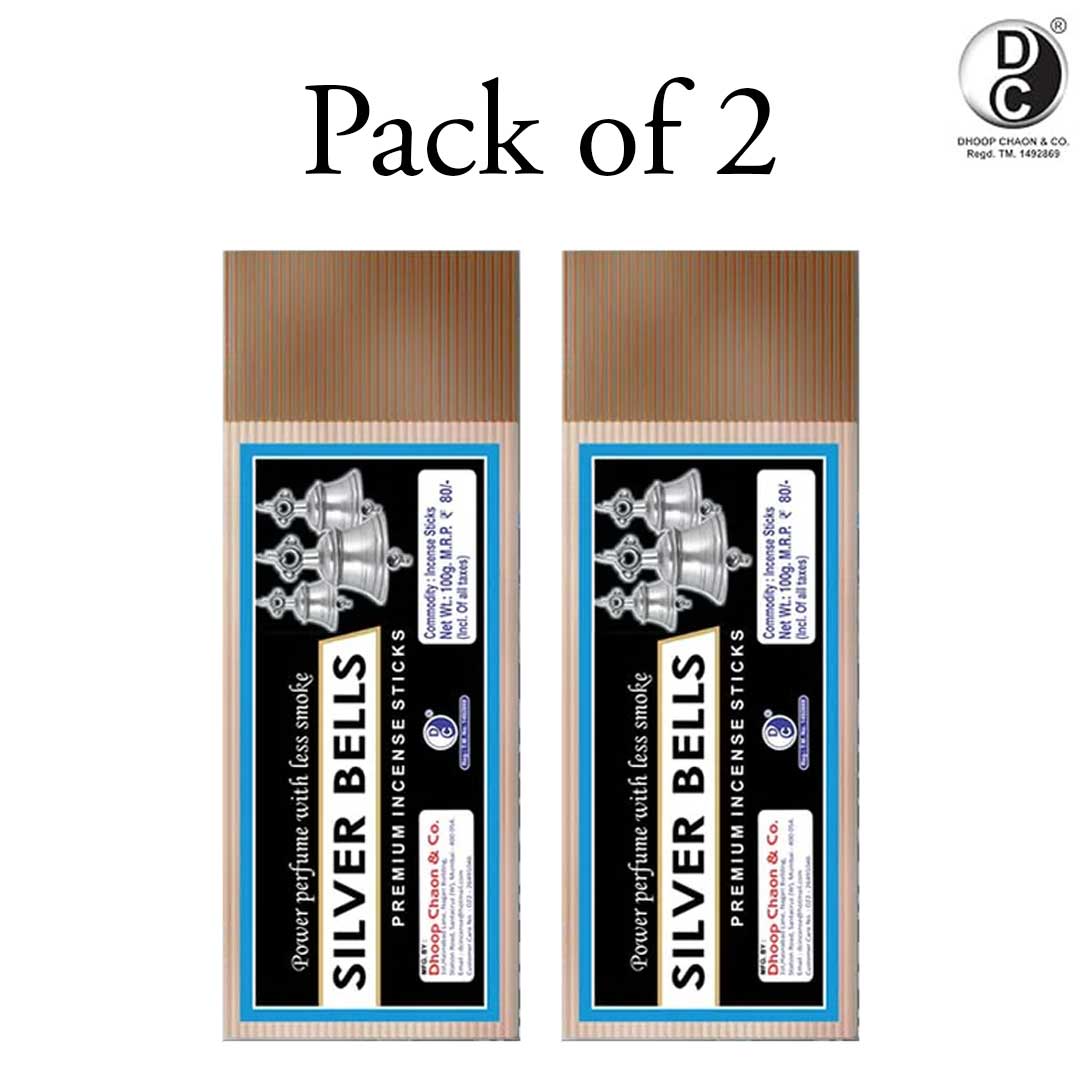 Metallic Silver Bells Incense Sticks Pouch | 100 GMS Pack | Long Lasting Incense Sticks for Calming & Relaxation | No Charcoal Agarbatti | Dhoop Chaon and Co.