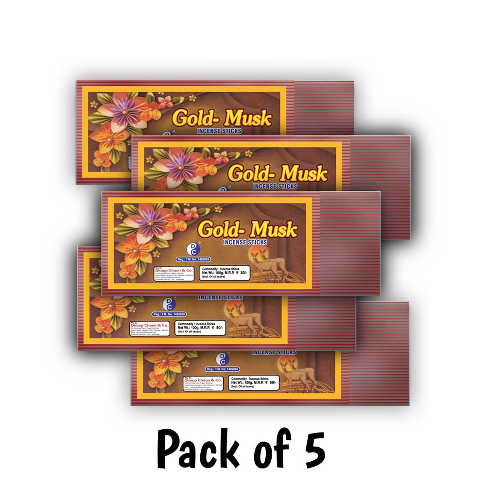 Metallic Gold Musk Incense Sticks Pouch - Pack of 5 Pouches