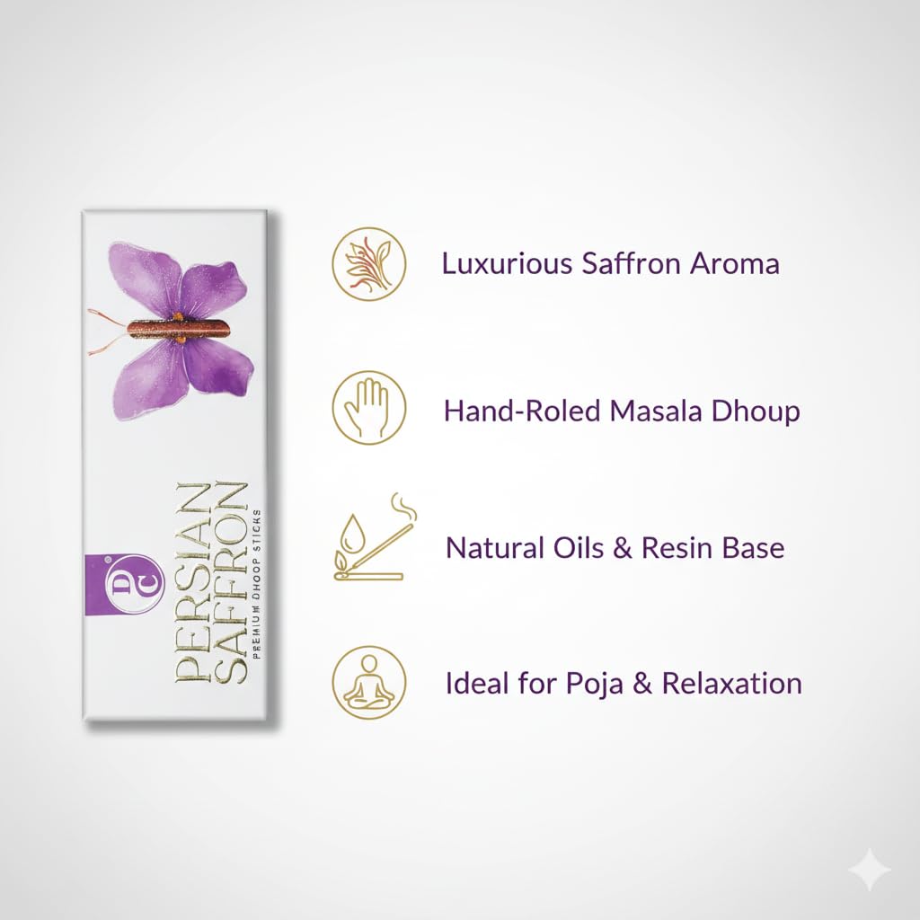 Persian Saffron  Premium 6 Inch Long Charcoal Free Dhoop Sticks 10 Sticks Pack