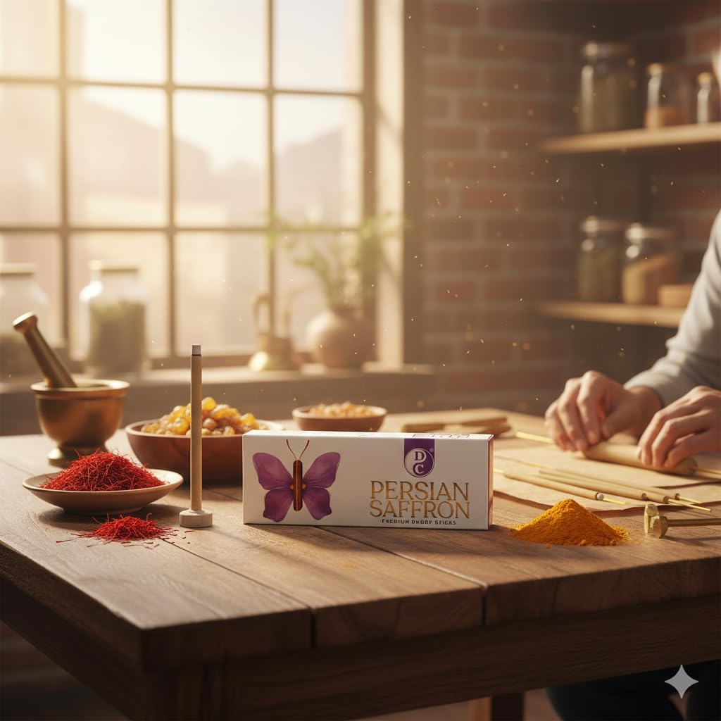 Persian Saffron  Premium 6 Inch Long Charcoal Free Dhoop Sticks 10 Sticks Pack