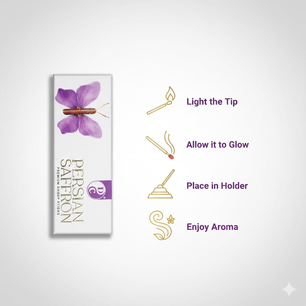 Persian Saffron  Premium 6 Inch Long Charcoal Free Dhoop Sticks 10 Sticks Pack