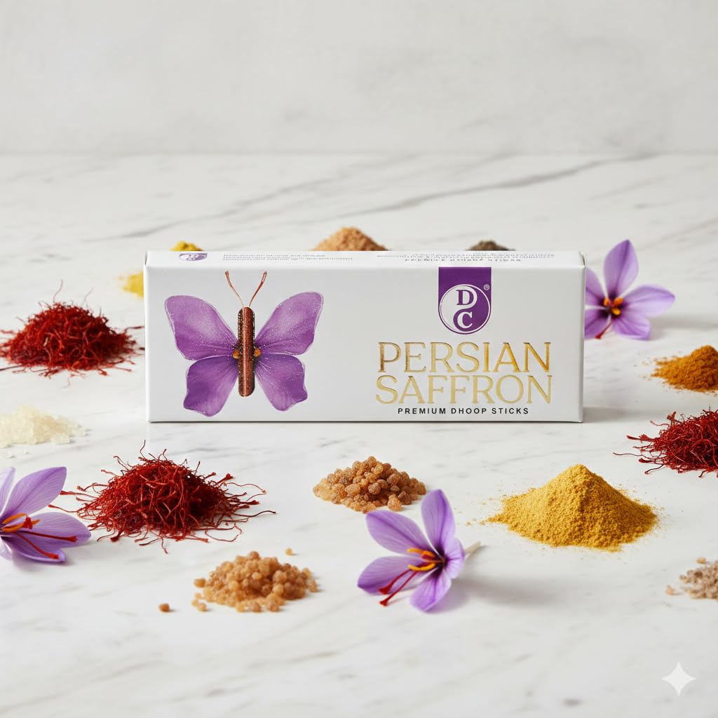 Persian Saffron  Premium 6 Inch Long Charcoal Free Dhoop Sticks 10 Sticks Pack